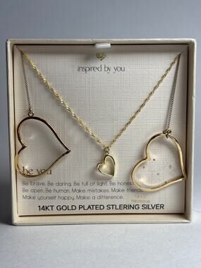 14K Gold Plated Sterling Silver Heart Necklace Set Gift Boxed